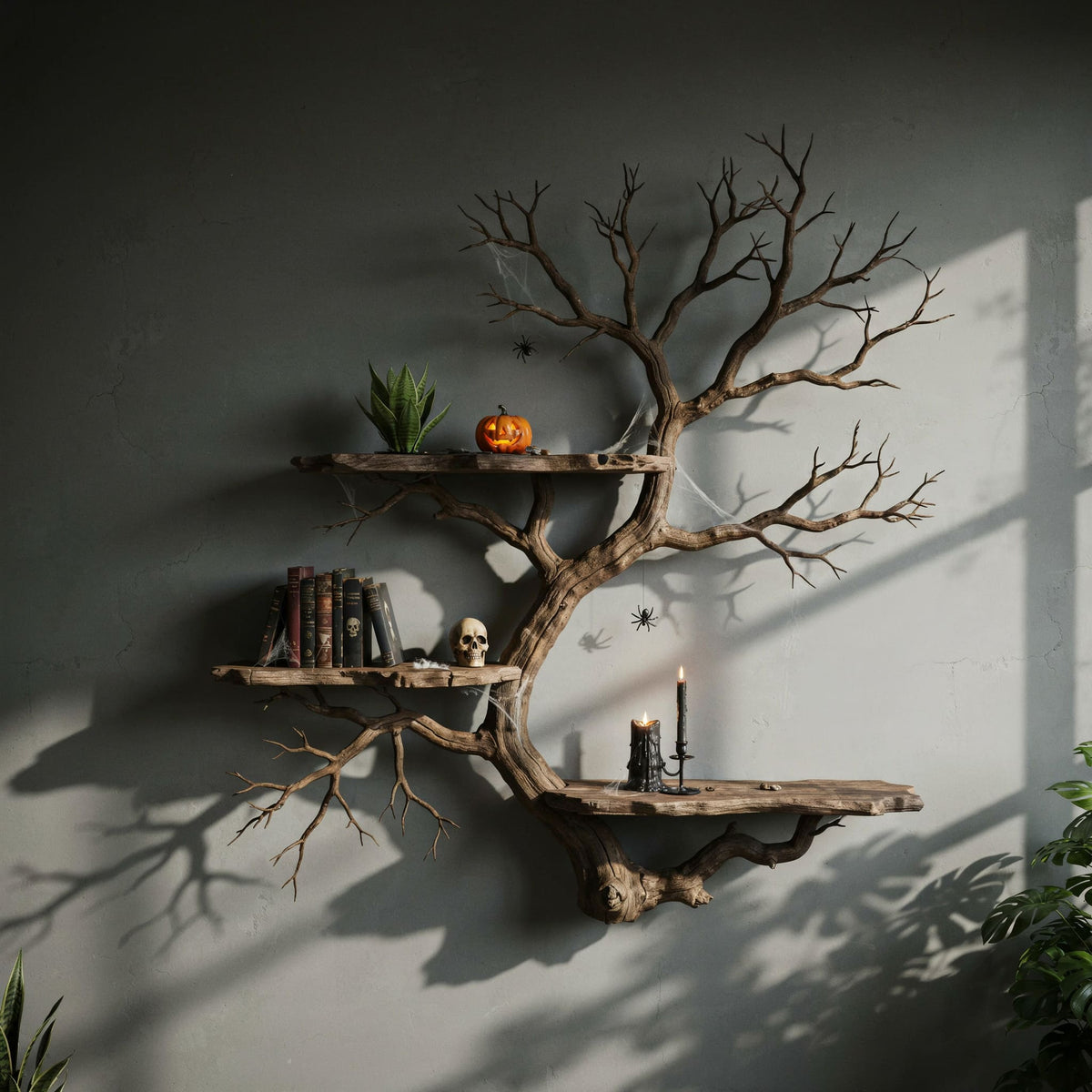 Organic hardwood tree branch wall shelf displaying pumpkins, candles, and seasonal accents
