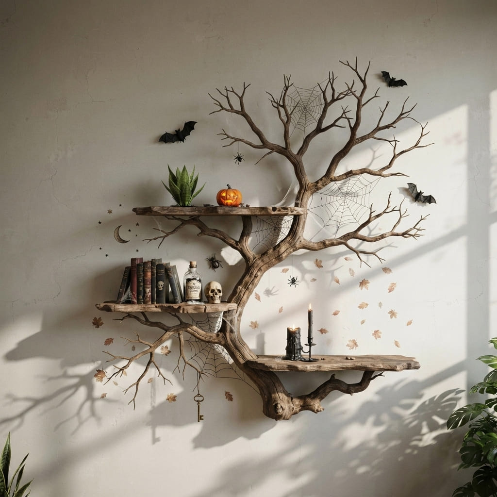 Artisan tree branch display rack creating a festive focal point in a contemporary home