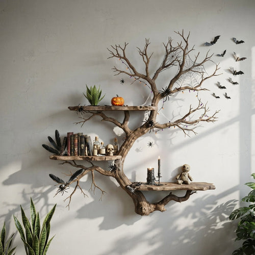 Sculptural Tree Branch Solid Wood Halloween Wall Shelf - Spooky Organic Display Rack