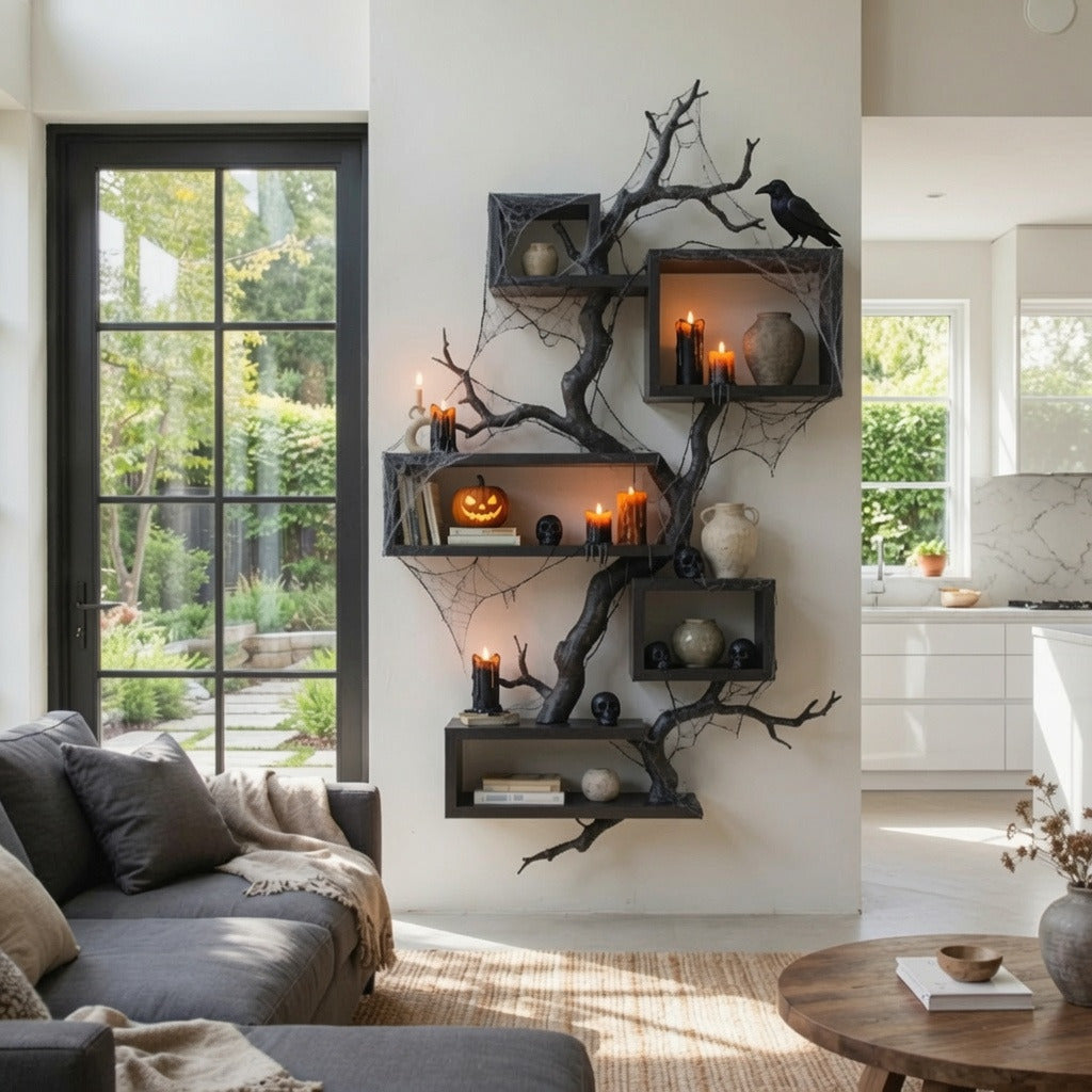 Sculptural tree branch solid wood wall shelf in a modern living room