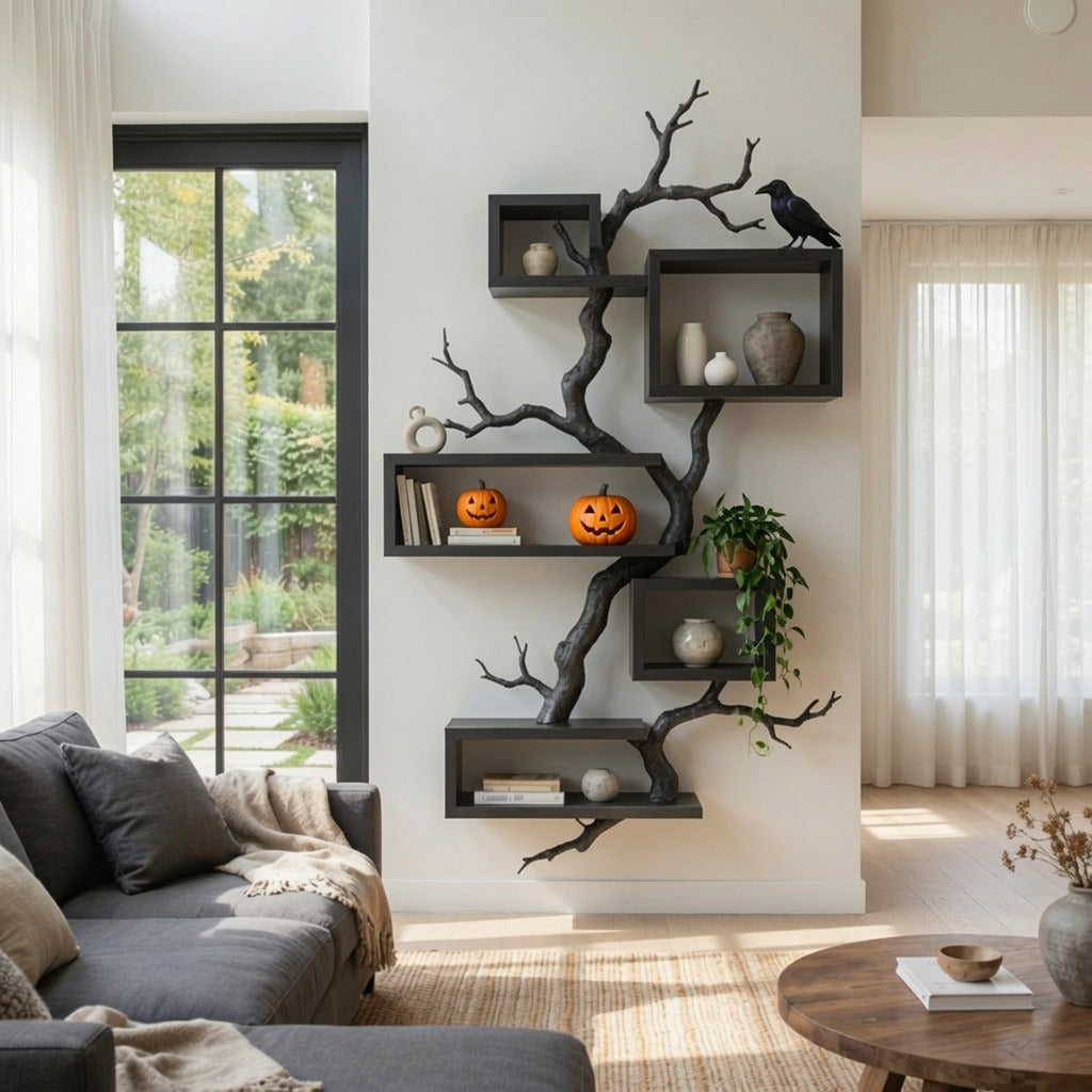Artisan solid wood wall shelf creating a statement in a luxury living space