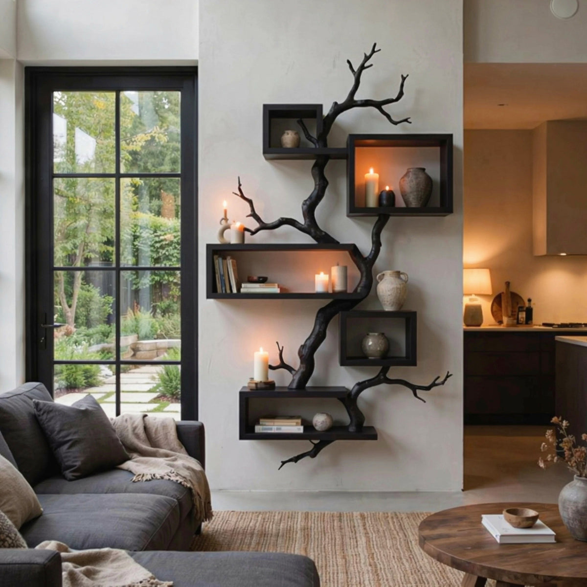Organic hardwood wall shelf enhancing a minimalist interior