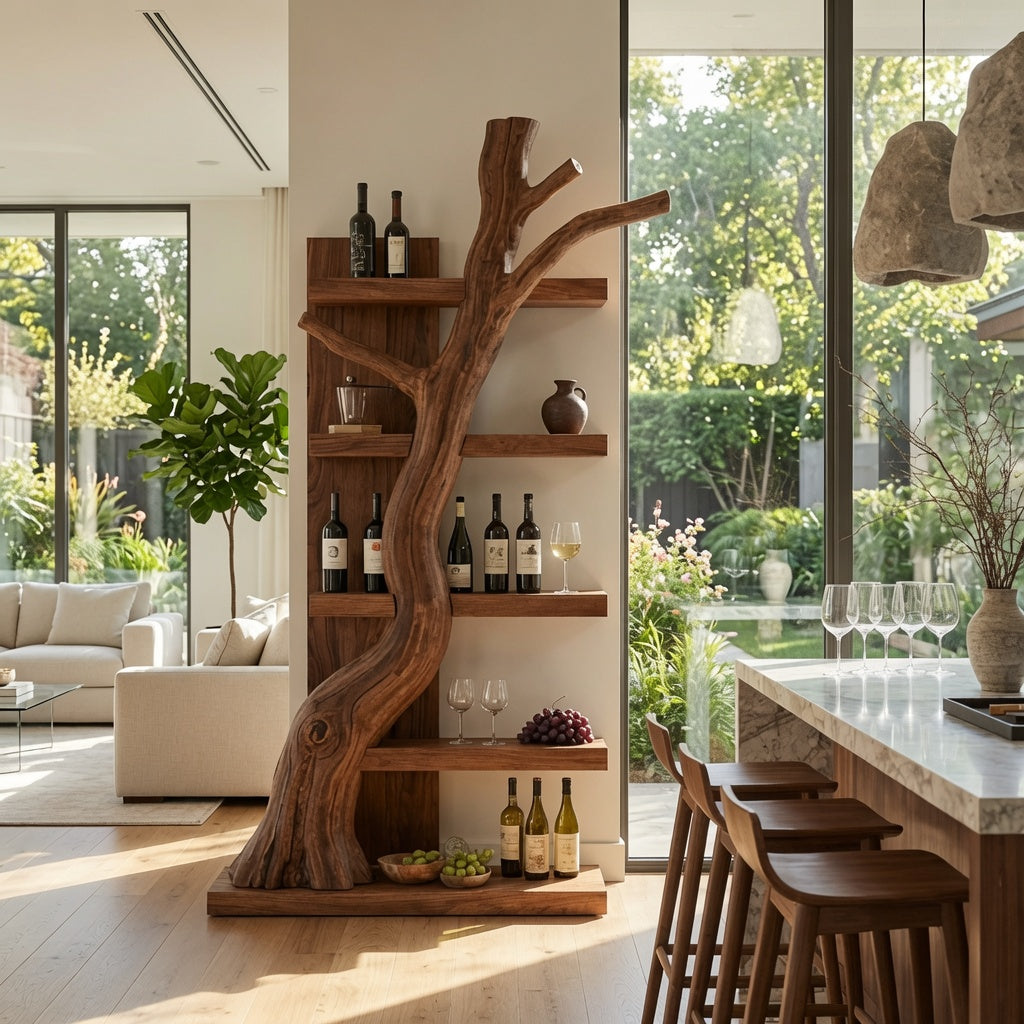 Sculptural tree branch solid wood wine rack in a modern home bar