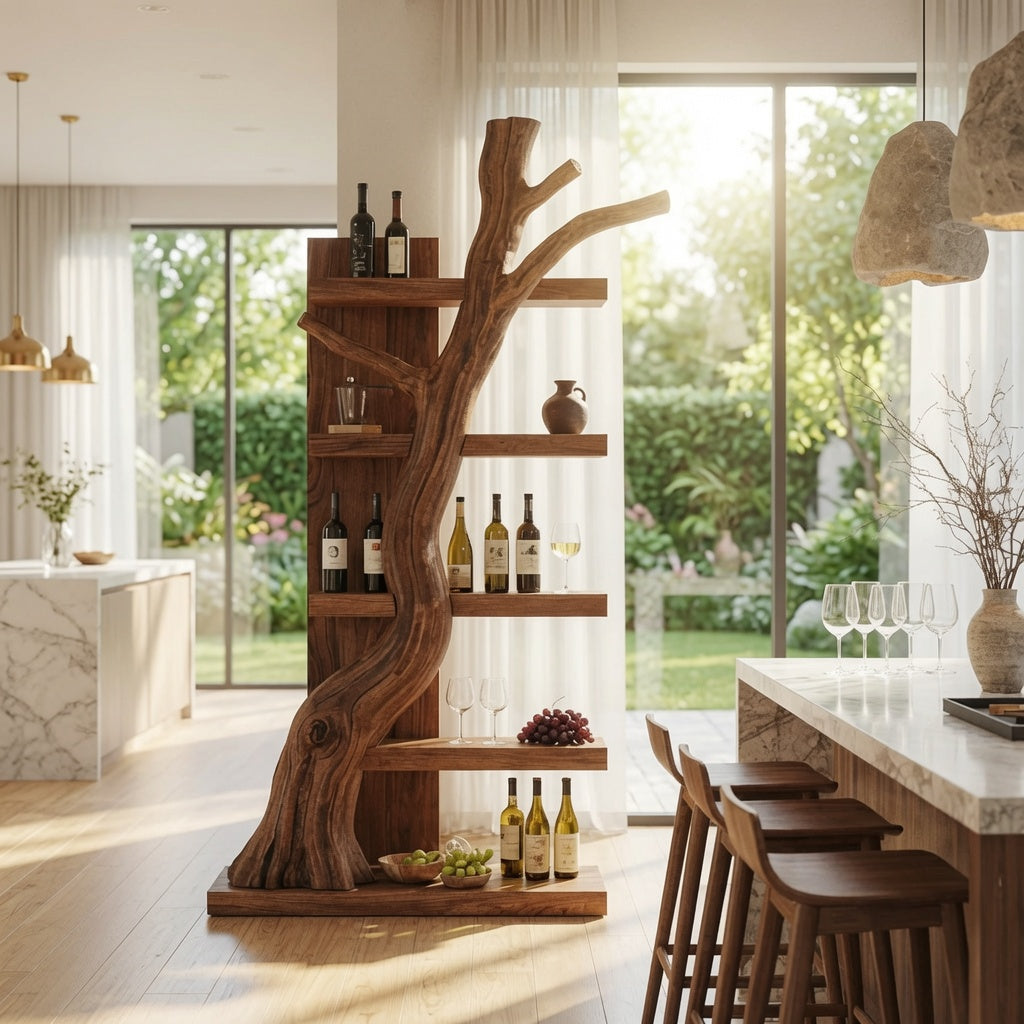 Organic hardwood wine rack enhancing a contemporary kitchen