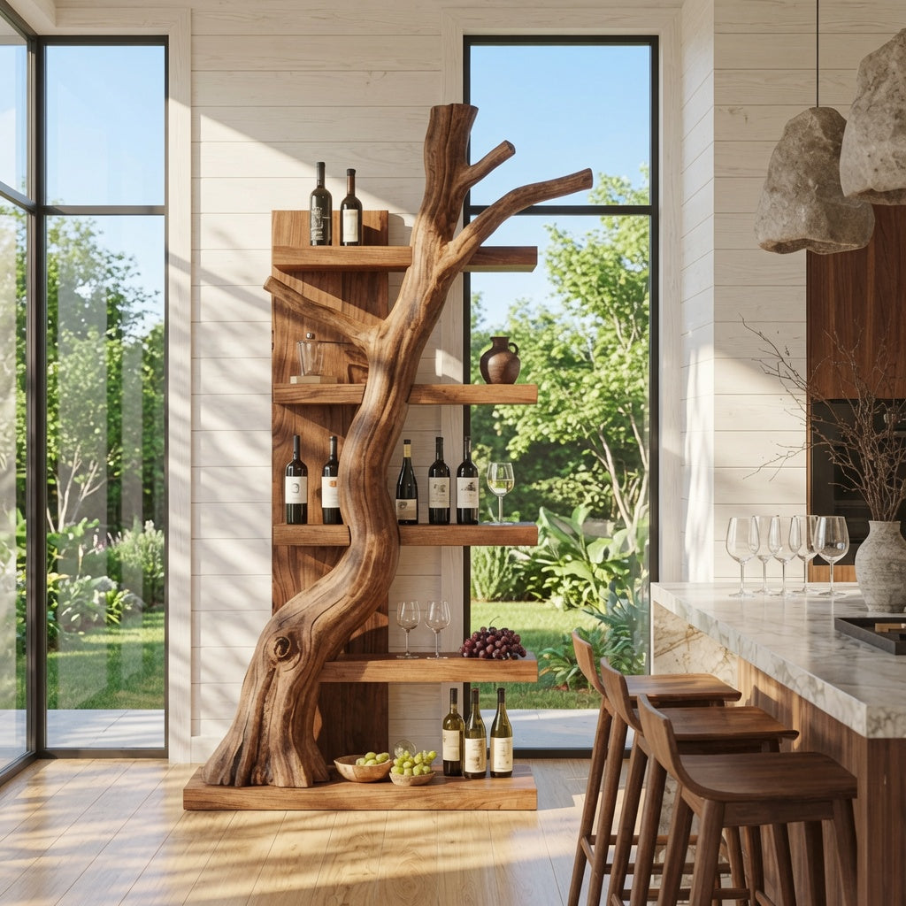 Handcrafted wooden wine shelf displaying bottles and glassware in a dining room