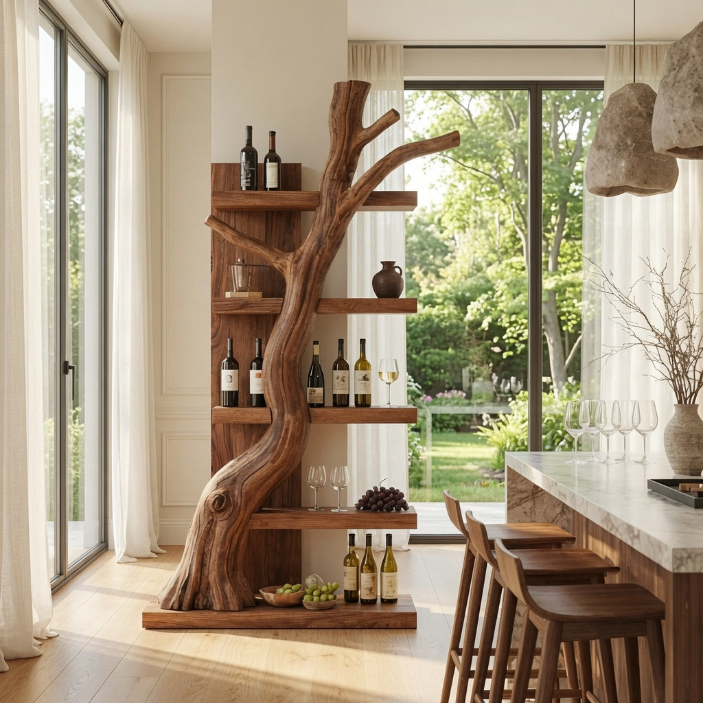 Organic tree branch wine display shelf crafted from natural hardwood