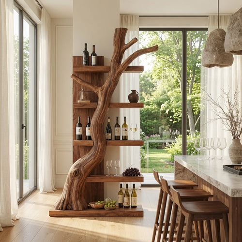 Sculptural Tree Branch Solid Wood Wine Rack & Shelf