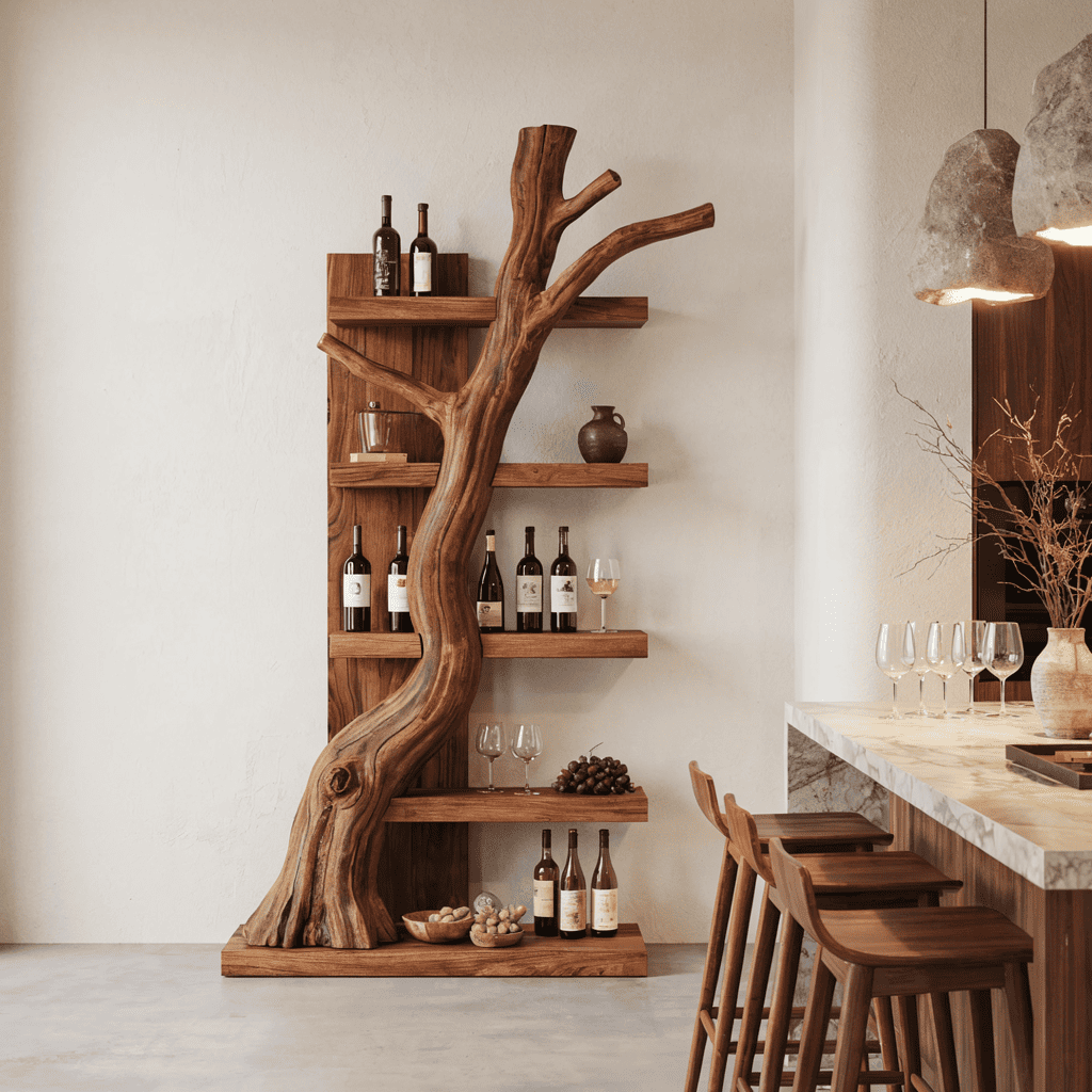 Rustic solid wood wine display shelf creating a statement in an entertainment space