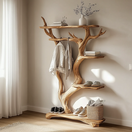 Sculptural Tree Hall Tree Solid Wood Entryway Coat Rack Handcrafted Display Stand