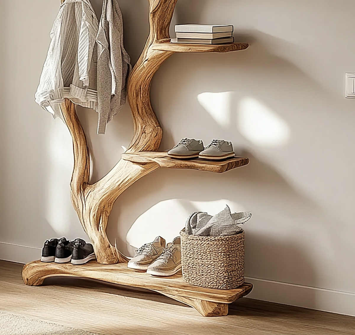 Sculptural Tree Hall Tree Solid Wood Entryway Coat Rack Handcrafted Display Stand