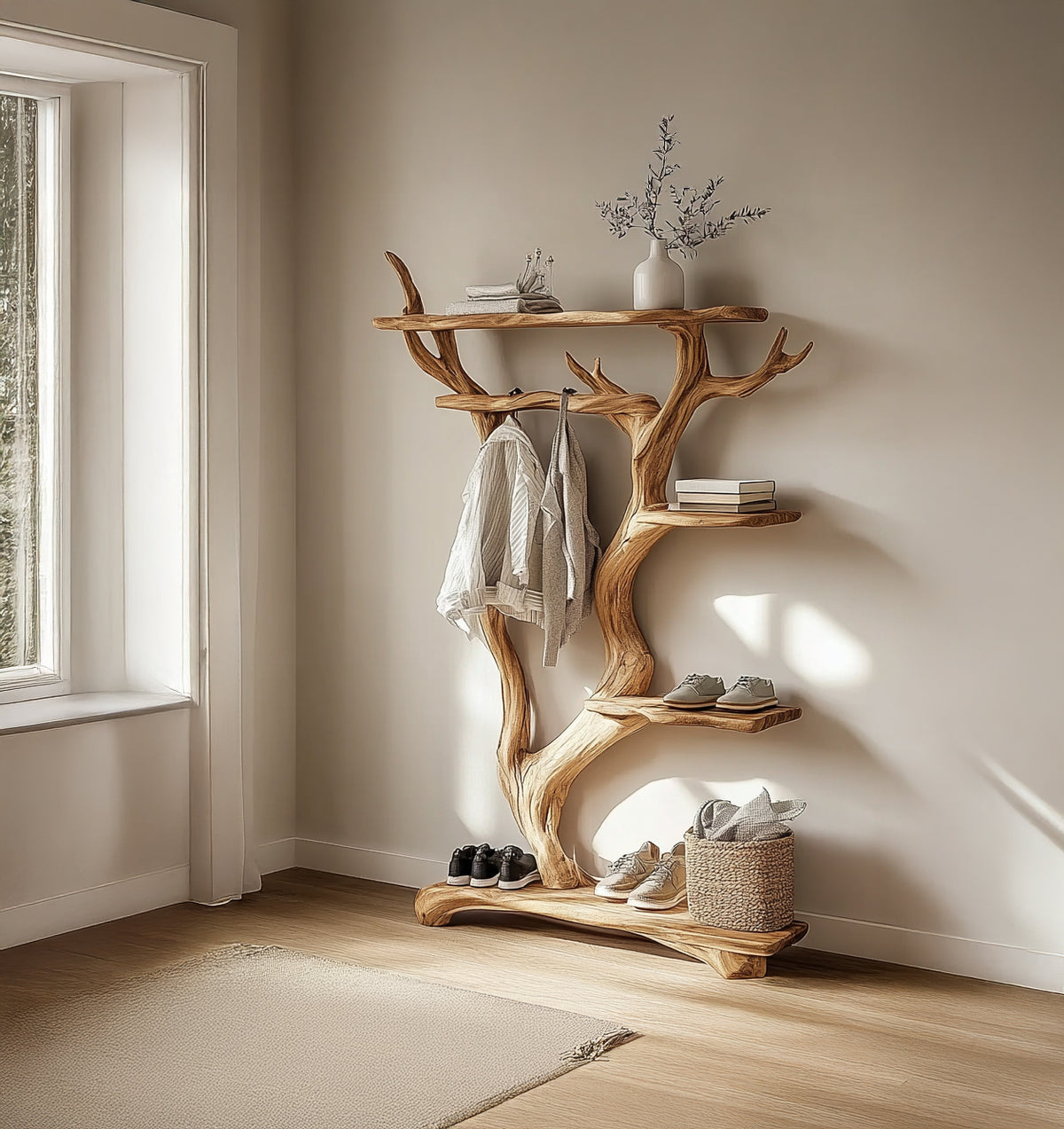 Sculptural Tree Hall Tree Solid Wood Entryway Coat Rack Handcrafted Display Stand