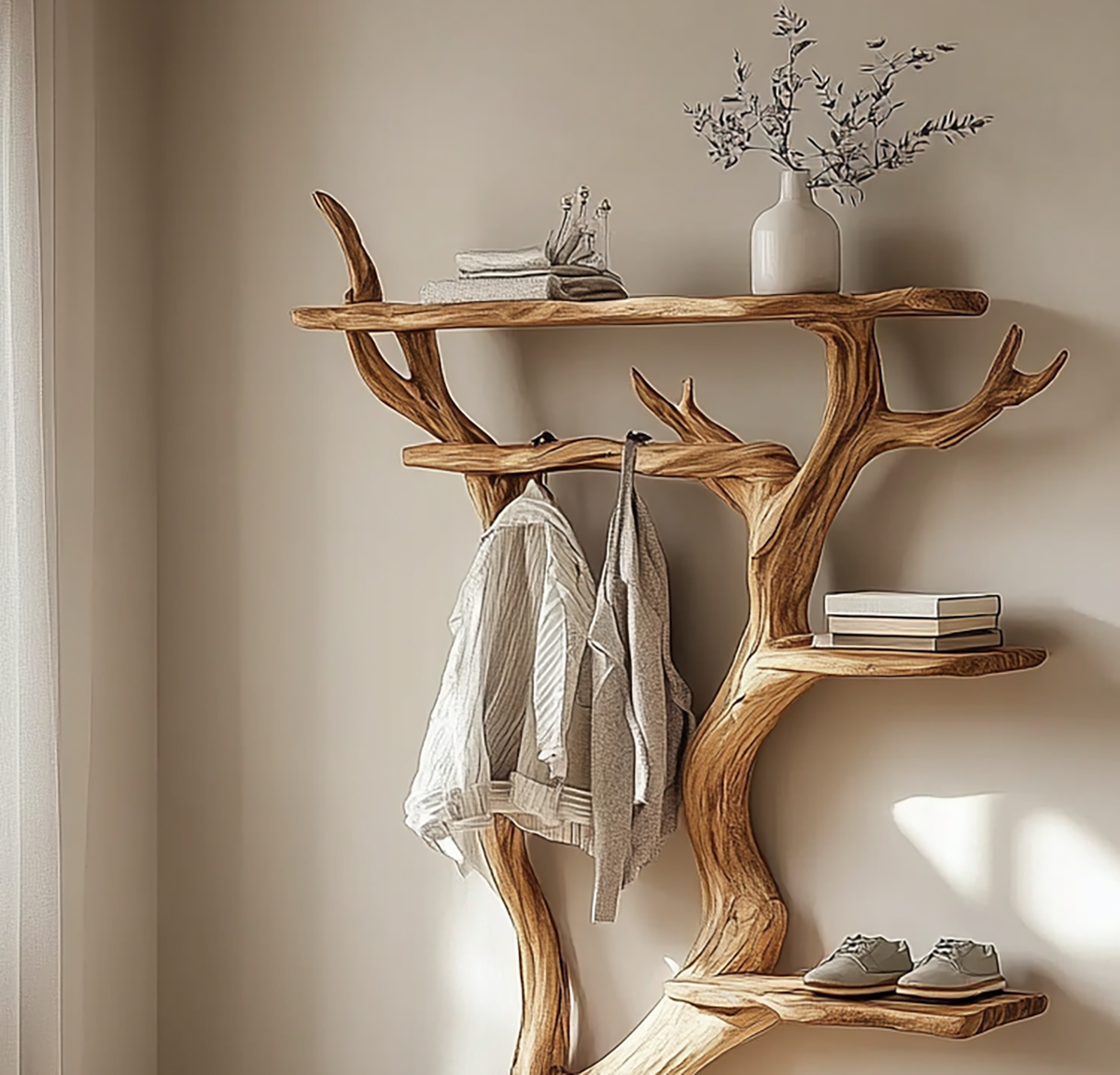 Sculptural Tree Hall Tree Solid Wood Entryway Coat Rack Handcrafted Display Stand