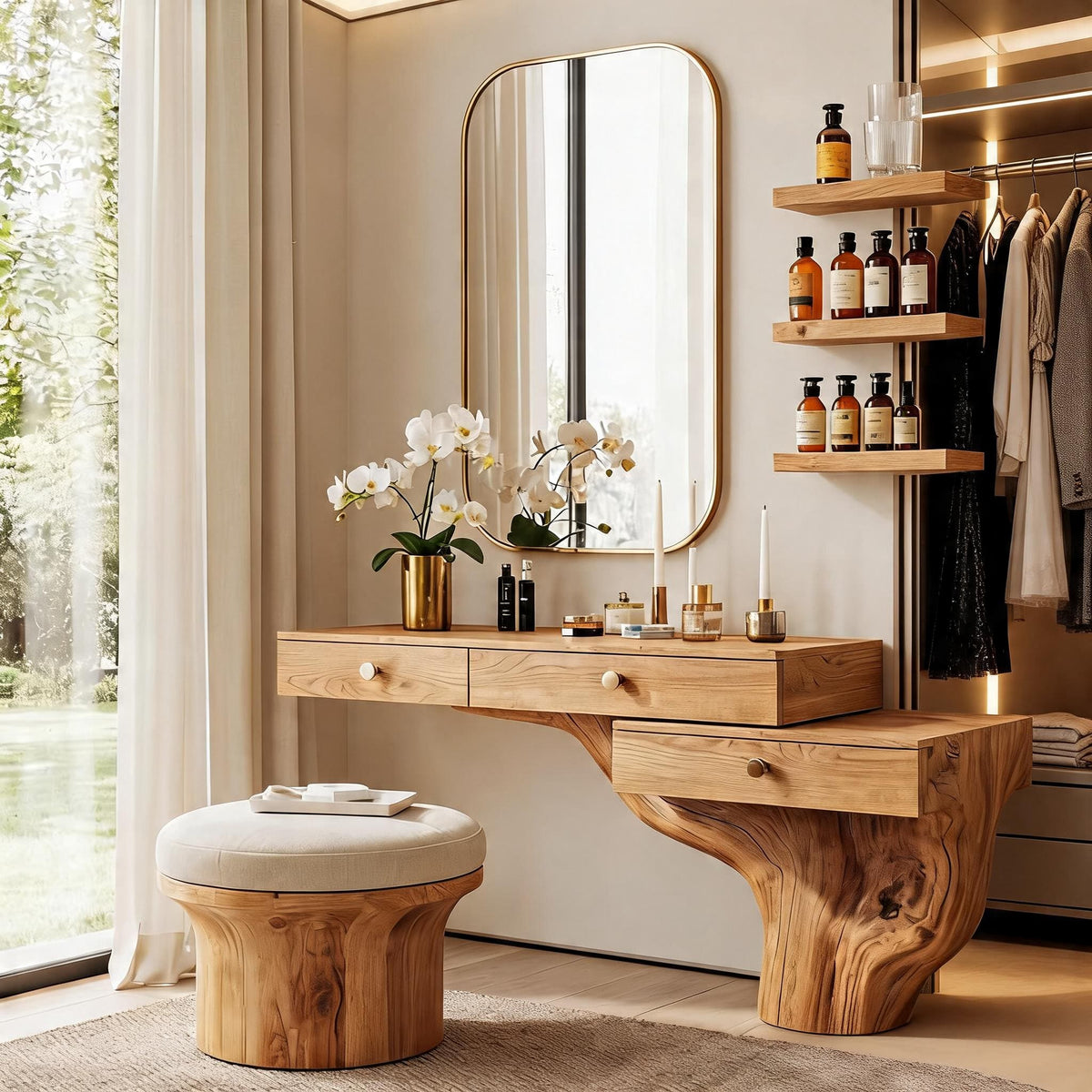 Contemporary solid wood dressing table in a minimalist bedroom