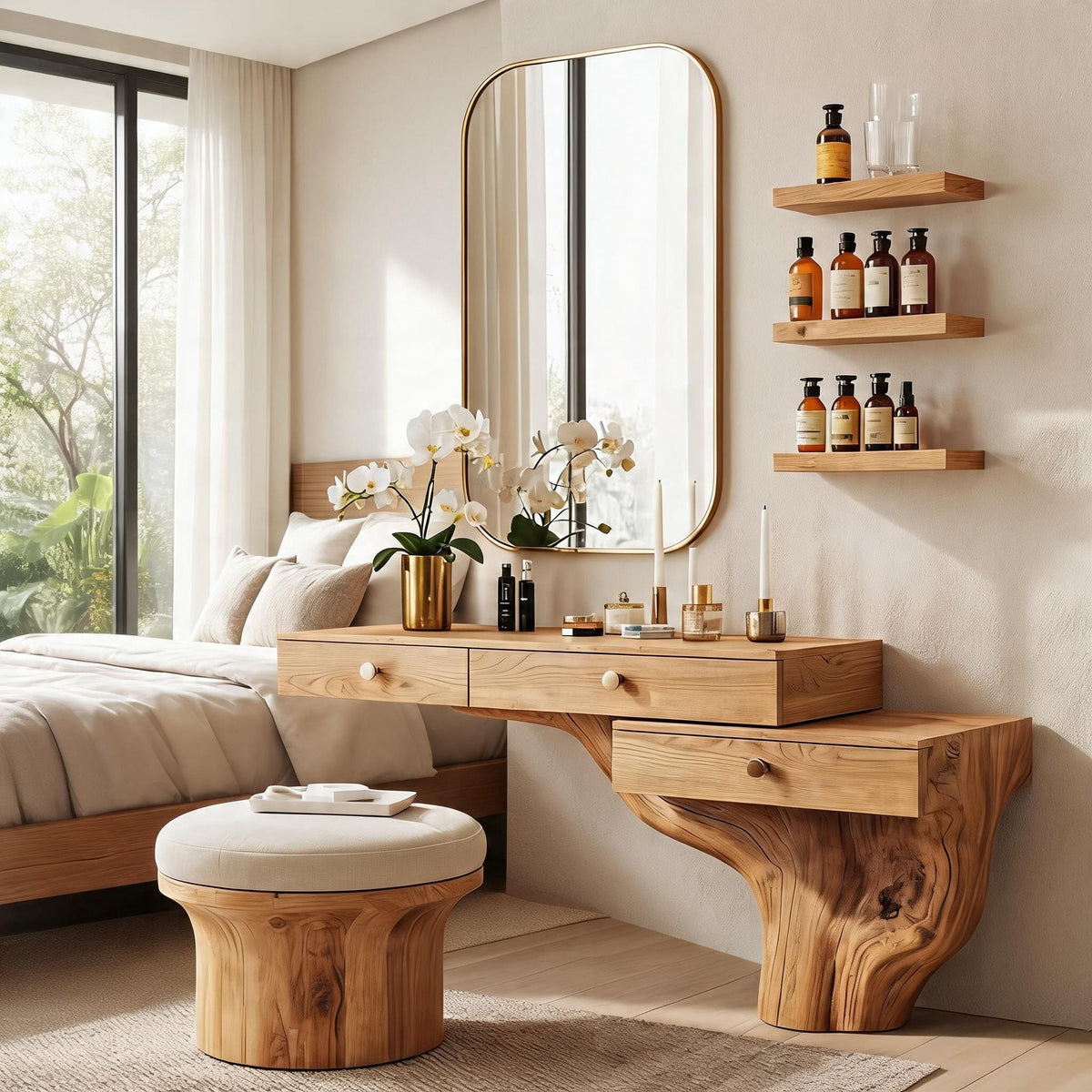 Artistic tree root vanity table displayed in a luxury bedroom interior
