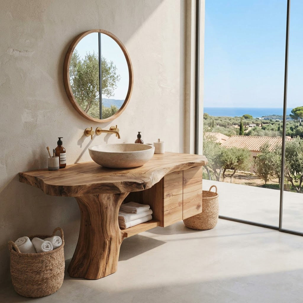 Sculptural tree trunk bathroom vanity in solid wood