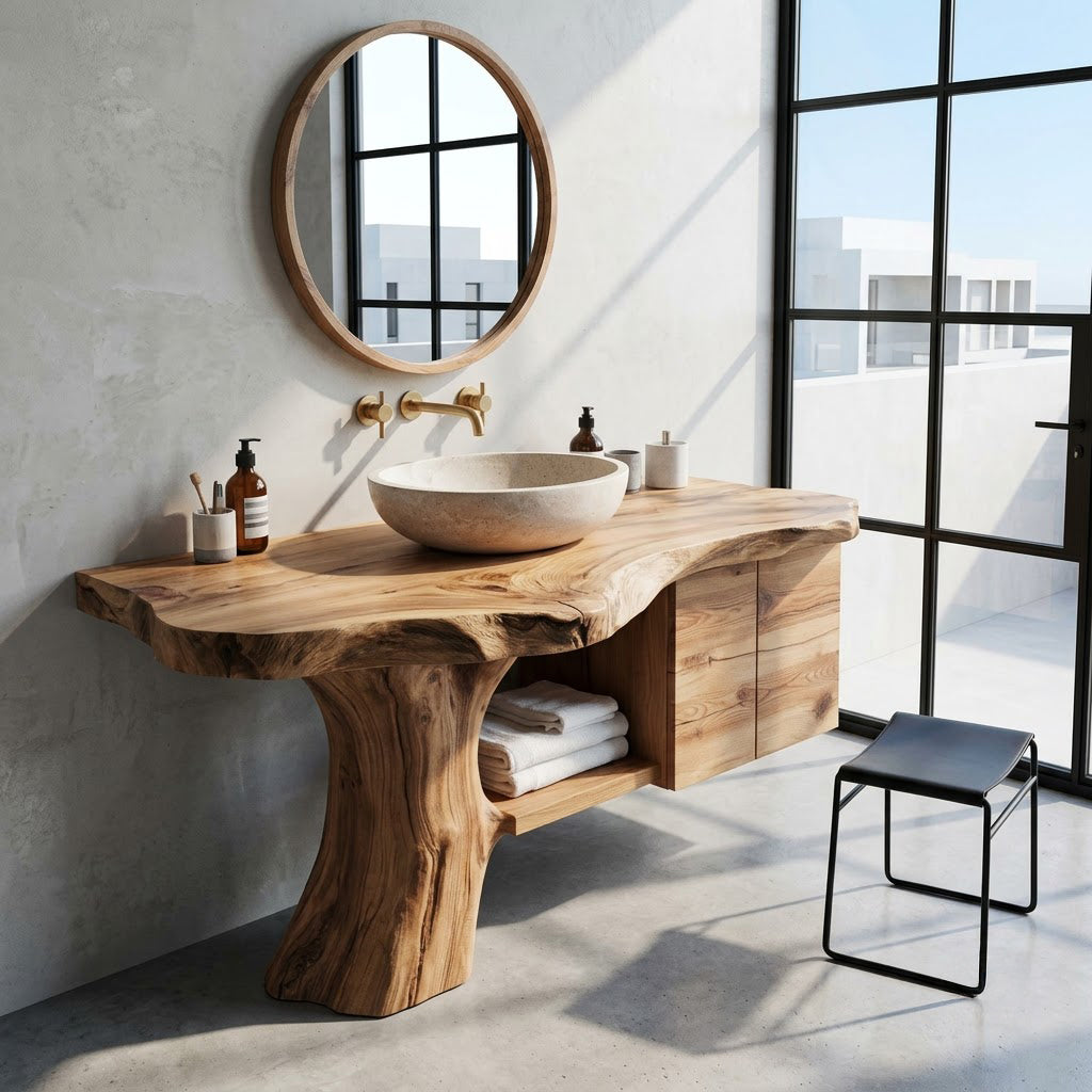 Sculptural tree trunk solid wood bathroom vanity in a contemporary bathroom