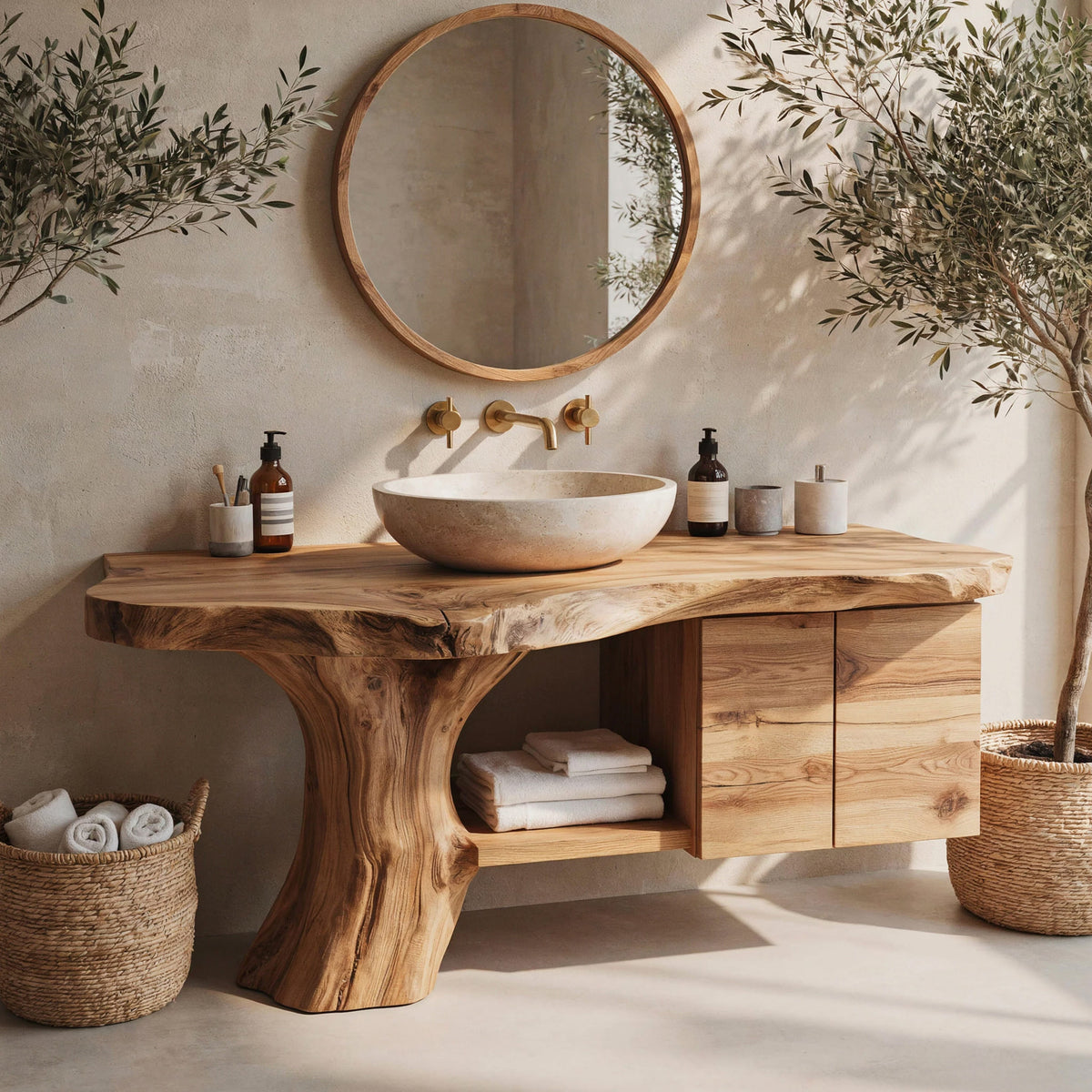 Sculptural solid wood tree trunk vanity displayed in a minimalist bathroom