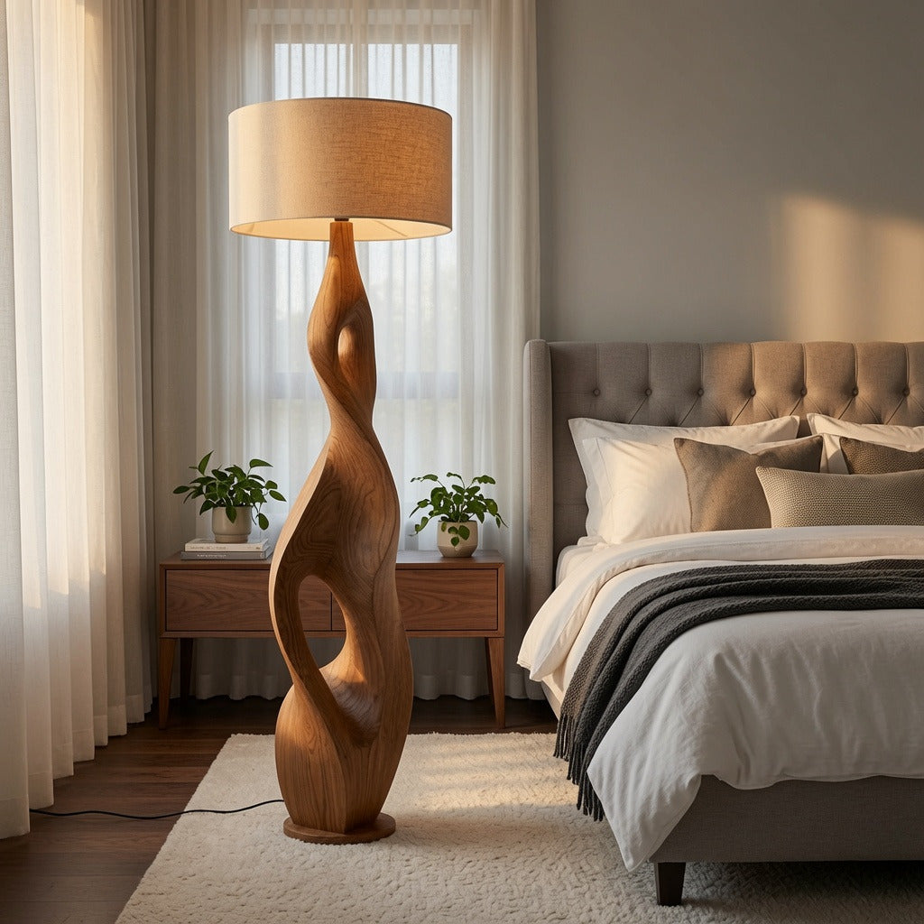Twisted natural wood floor lamp adding elegance to a cozy bedroom