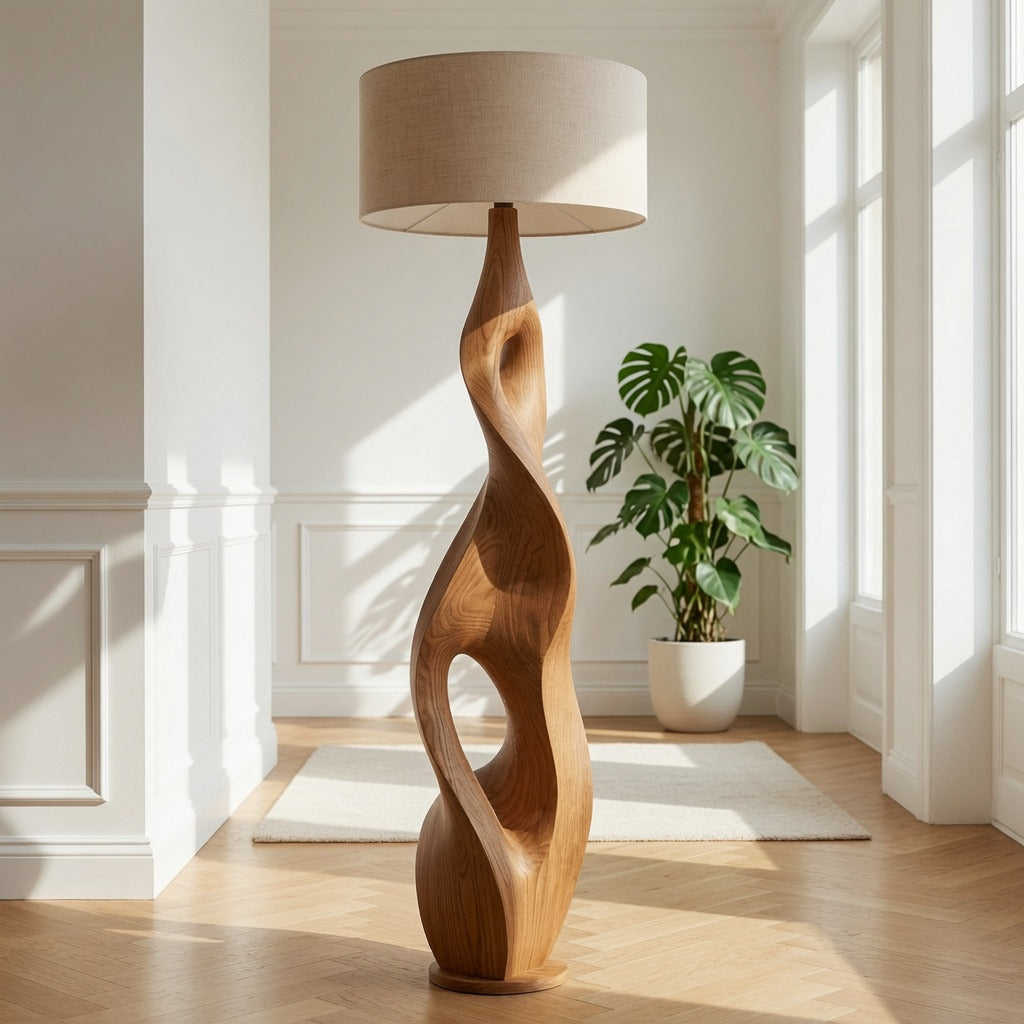 Handcrafted wooden floor lamp enhancing a contemporary minimalist interior