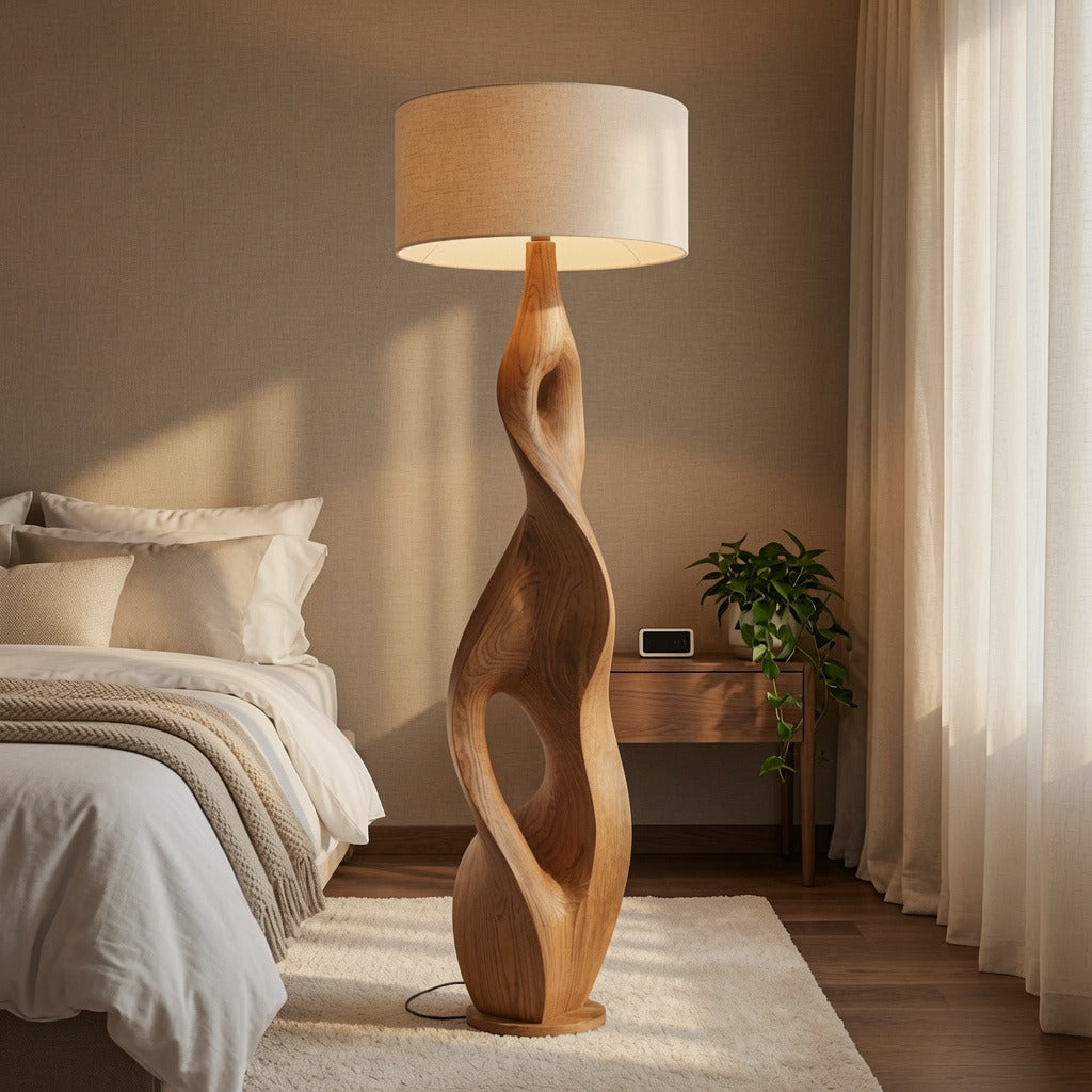 Sculptural twisted floor lamp in solid wood