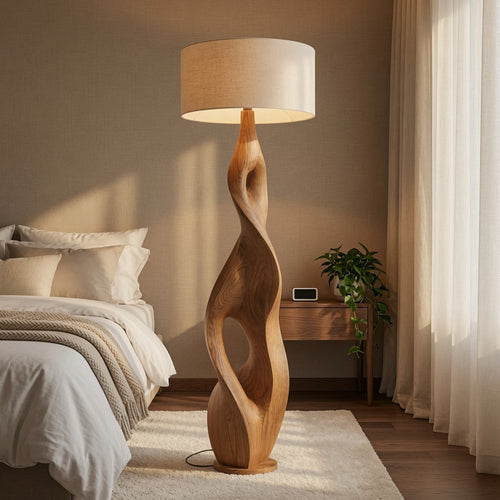 Sculptural Twisted Solid Wood Floor Lamp - Organic Modern Statement Lamp