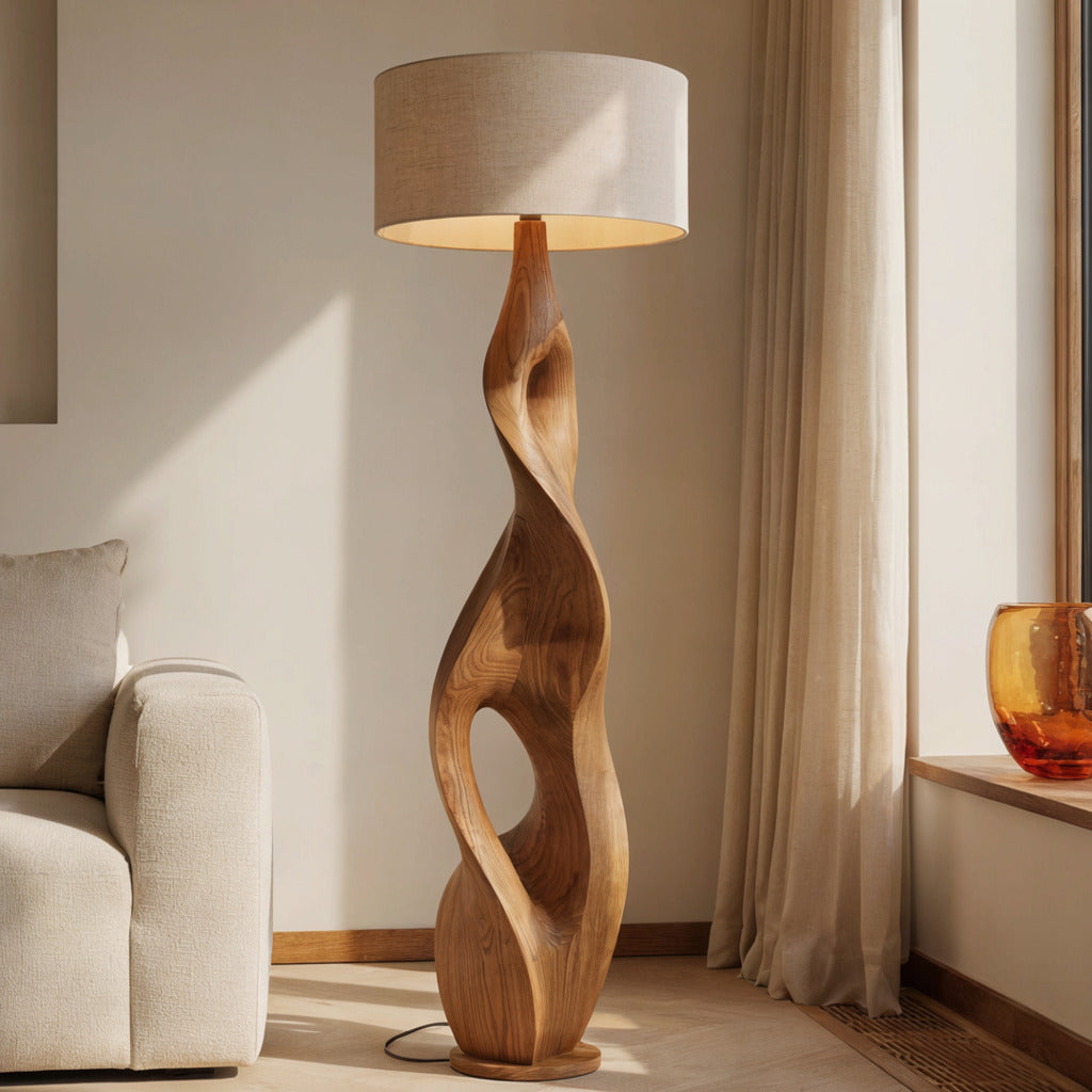 Sculptural twisted solid wood floor lamp in a modern living room