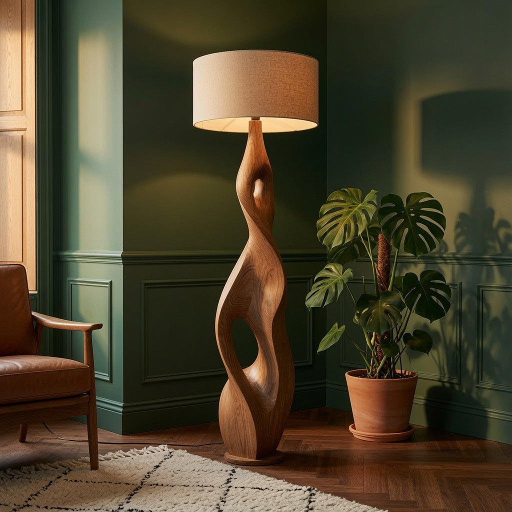 Artistic sculptural wood lamp in a luxury lounge with modern décor