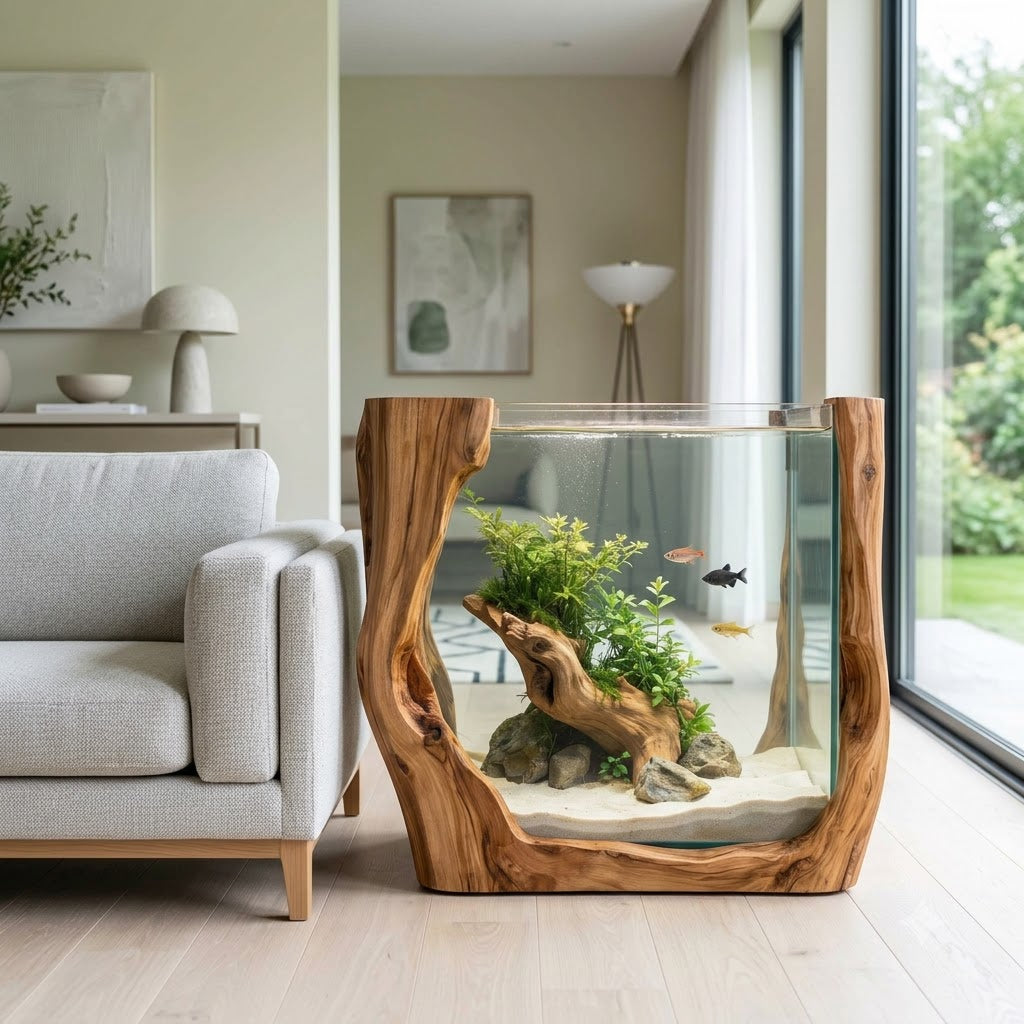 Sculptural U-shaped aquarium stand in solid wood