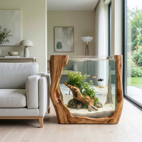 Sculptural U Shaped Solid Wood Aquarium Stand Organic Live Edge Fish Tank Base