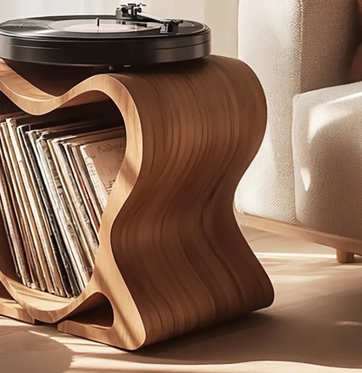 Wooden turntable stand with artistic vinyl record storage design