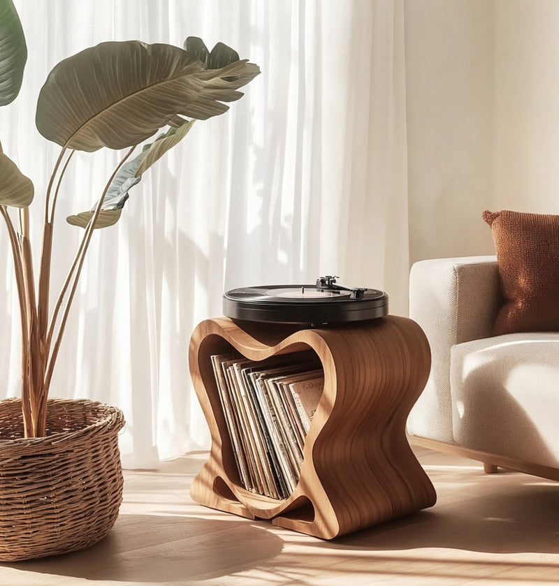 Modern vinyl storage stand with organic curved silhouette
