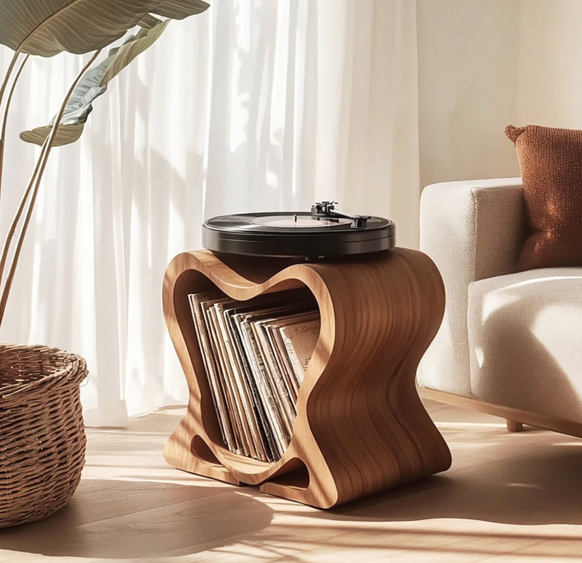 Organic modern record player stand with sculptural vinyl storage