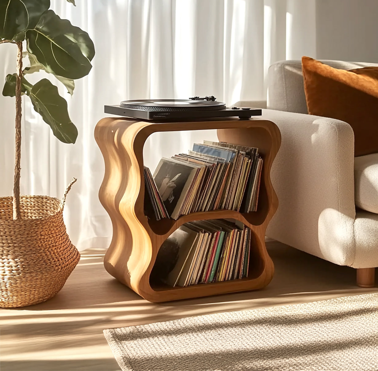 Rustic record stand for turntable and vinyl collection
