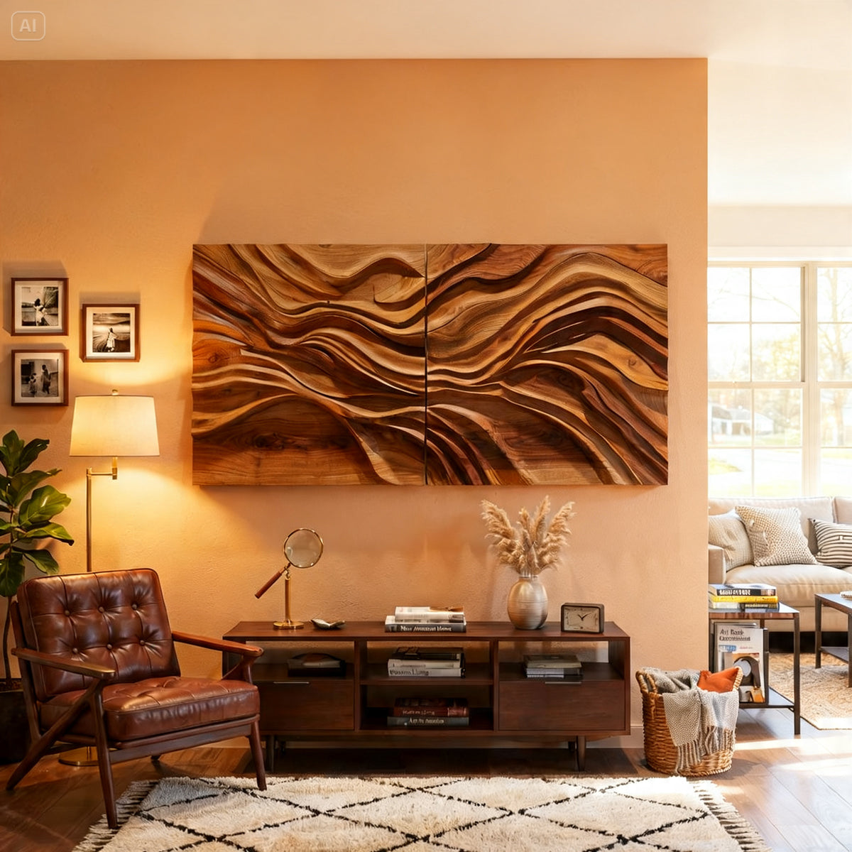 Modern abstract wood wall décor creating a statement in a luxury living space