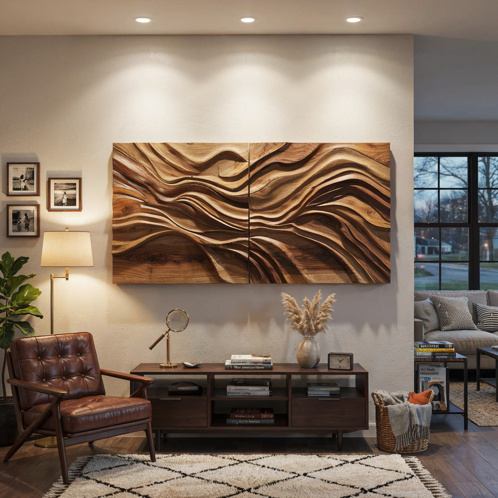Organic hardwood wall panel enhancing a minimalist interior