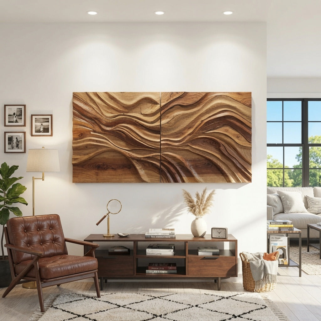 Sculptural flowing solid wood wall art in a modern living room