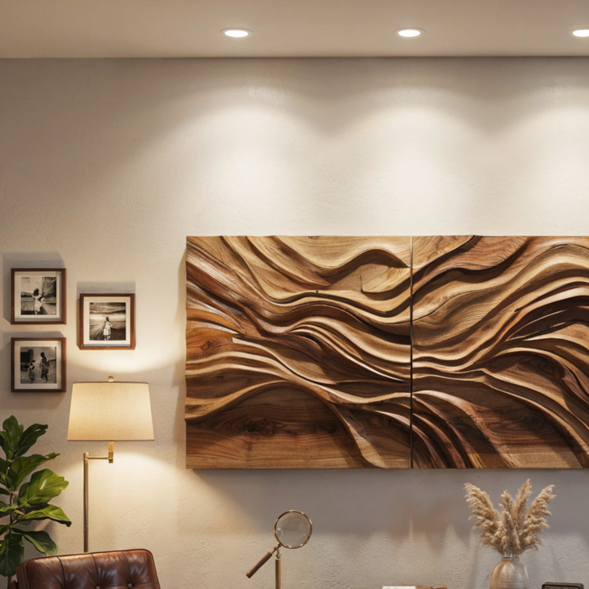 Artistic solid wood wall panel with flowing design