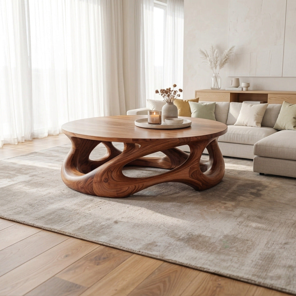 Organic wave solid wood coffee table in a modern living room