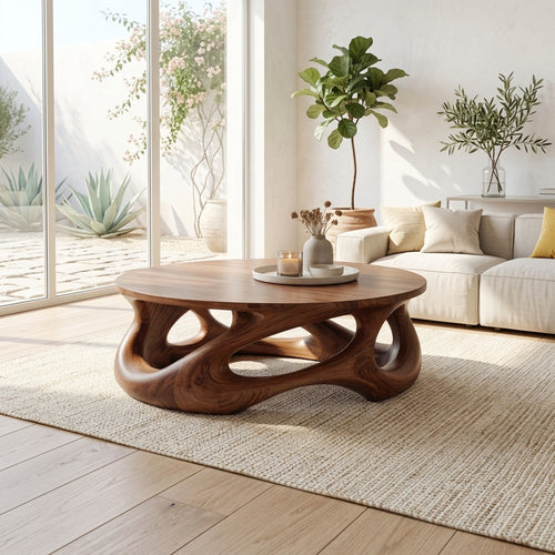 Sculptural Wave Base Solid Wood Coffee Table