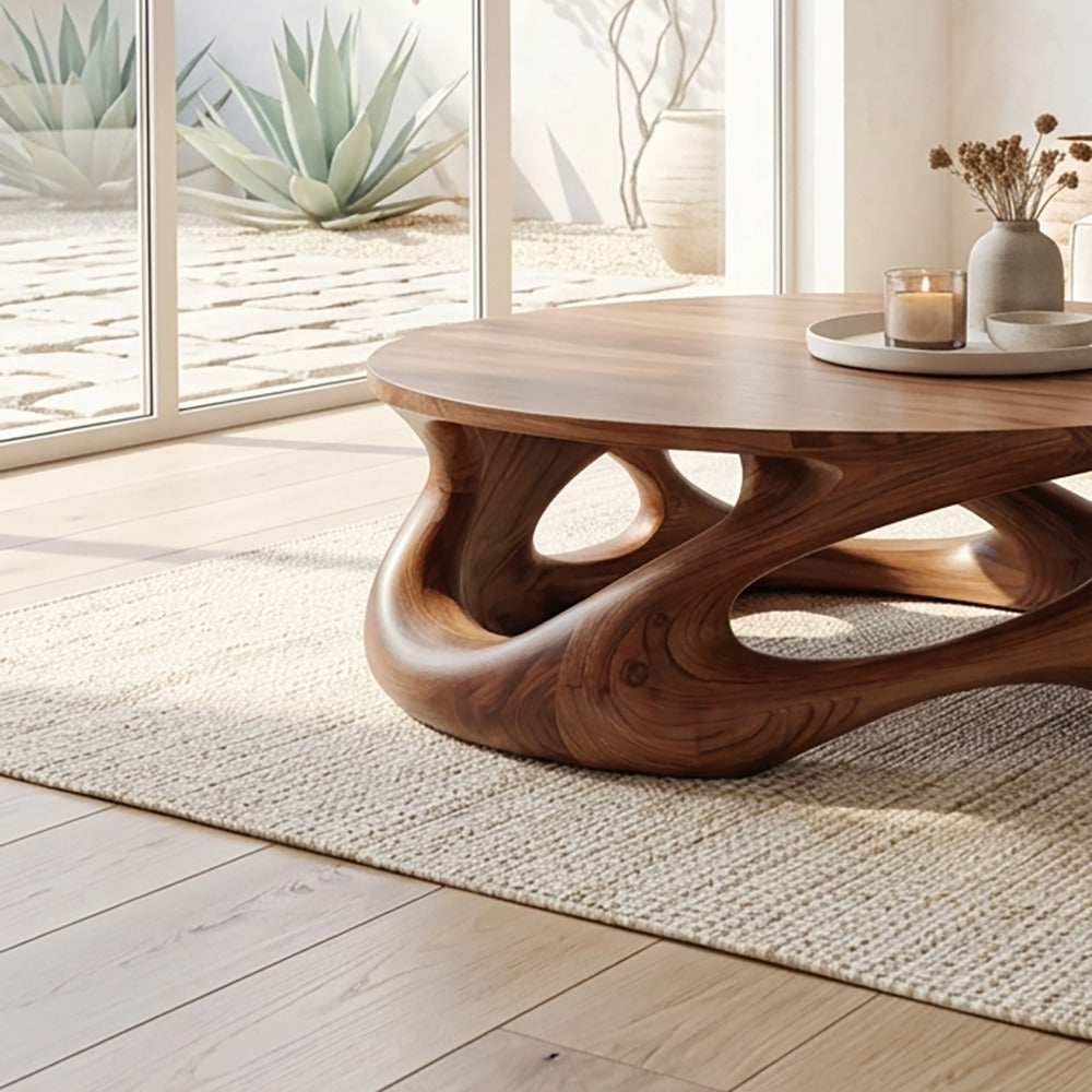 Artistic round coffee table in natural solid wood