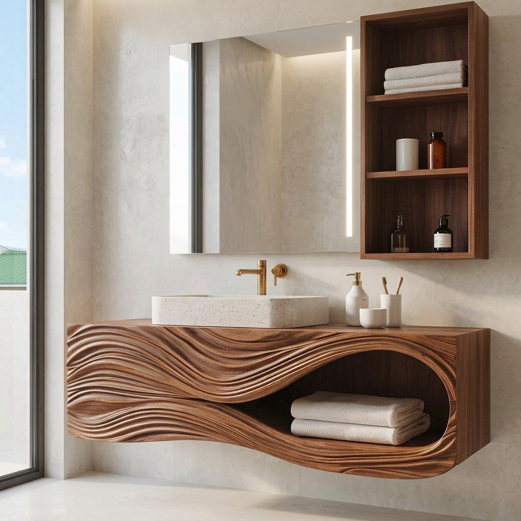 Sculptural wave carved solid wood bathroom vanity in a modern bathroom