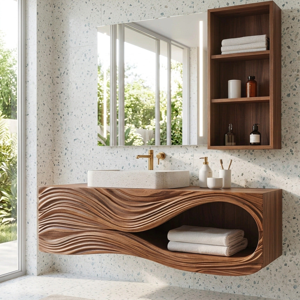 Sculptural wave carved bathroom vanity in solid wood