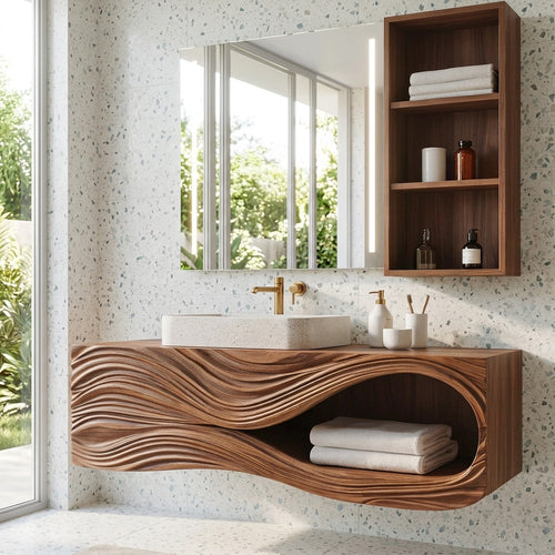 Sculptural Wave Carved Solid Wood Bathroom Vanity