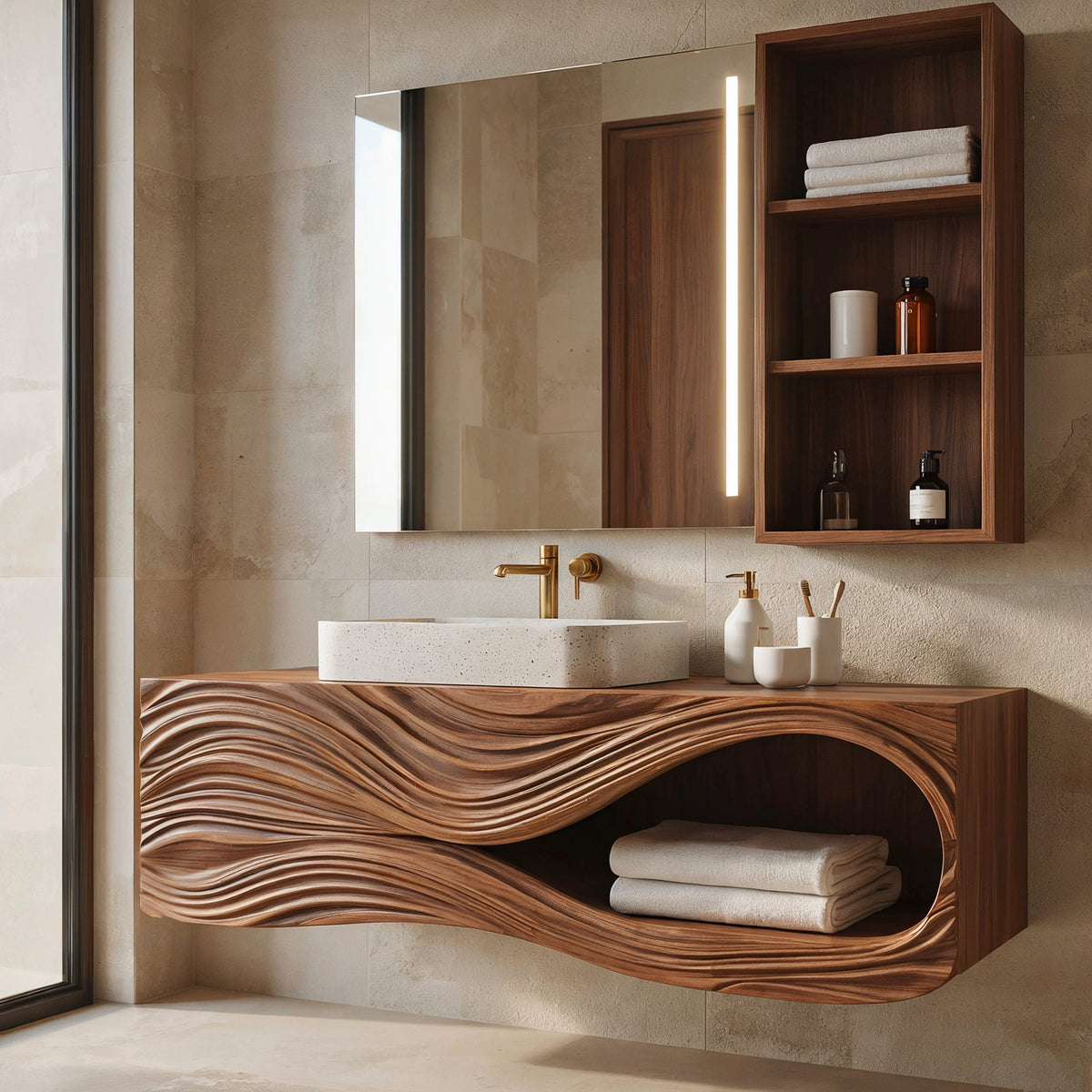 Artisan wave carved bathroom vanity adding warmth to a minimalist bathroom