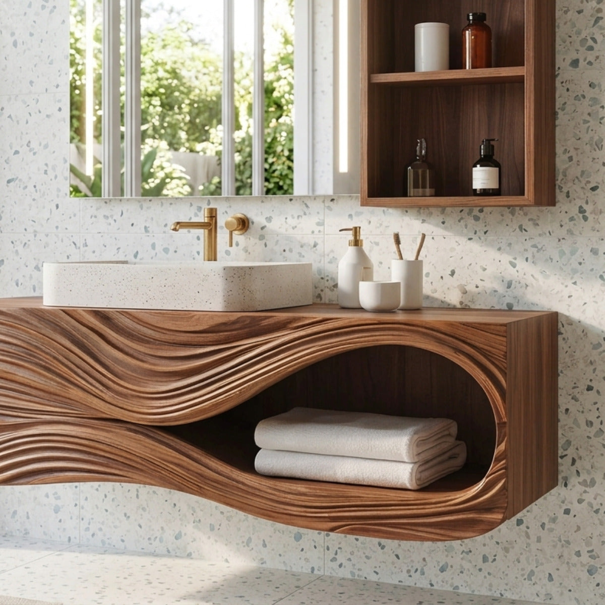 Modern wave carved wood vanity in natural hardwood
