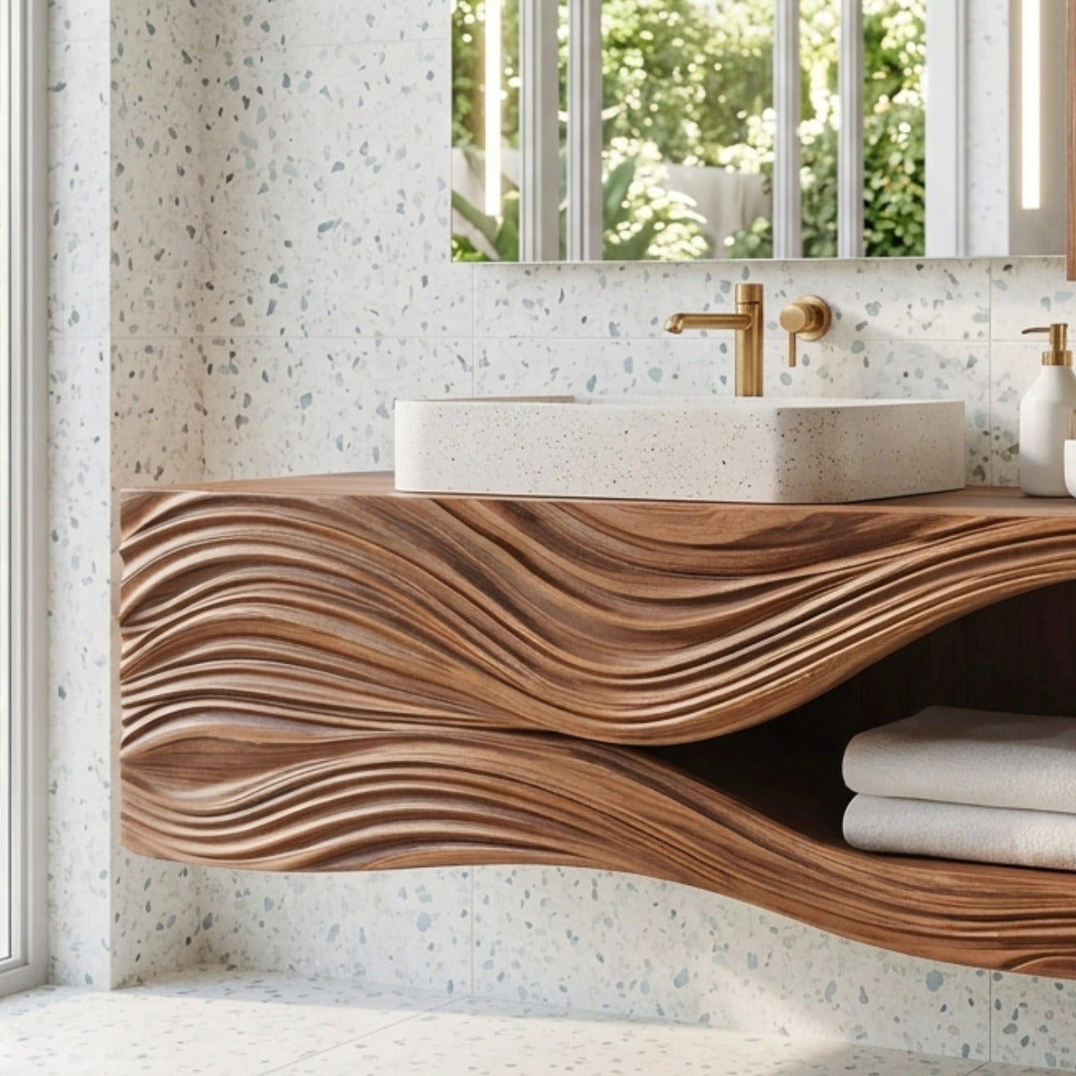 Artisan solid wood bathroom vanity with sculptural design