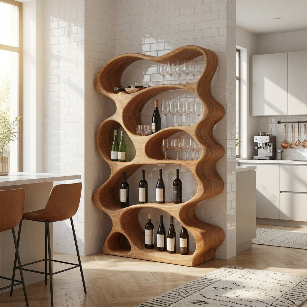 Sculptural wave live edge wine rack in solid wood