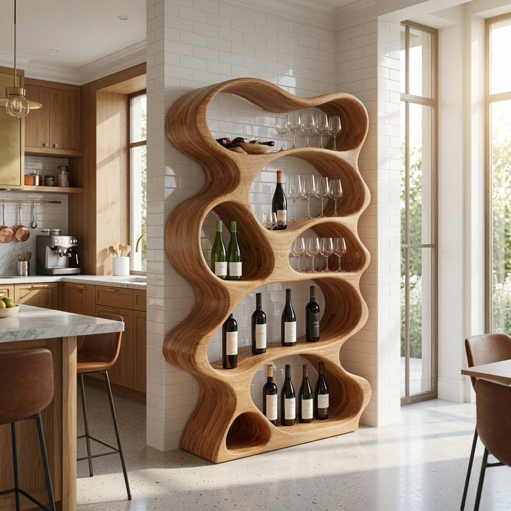Sculptural wave live edge solid wood wine rack in a modern kitchen