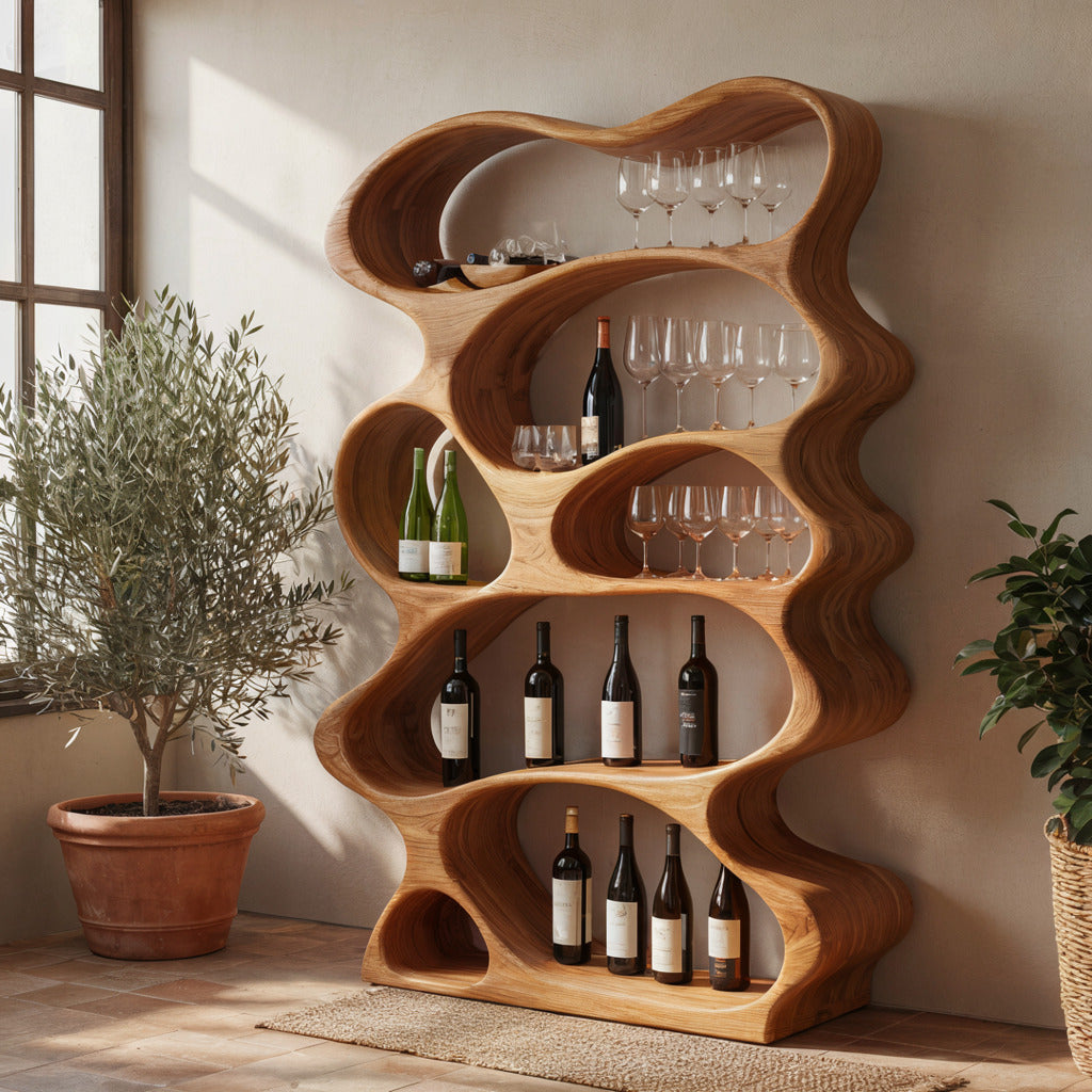 Rustic solid wood wine display shelf creating an elegant entertaining space