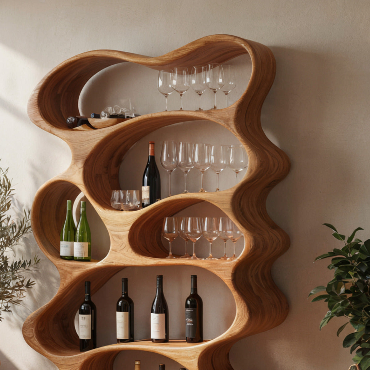 Live edge wooden wine display shelf with sculptural wave design
